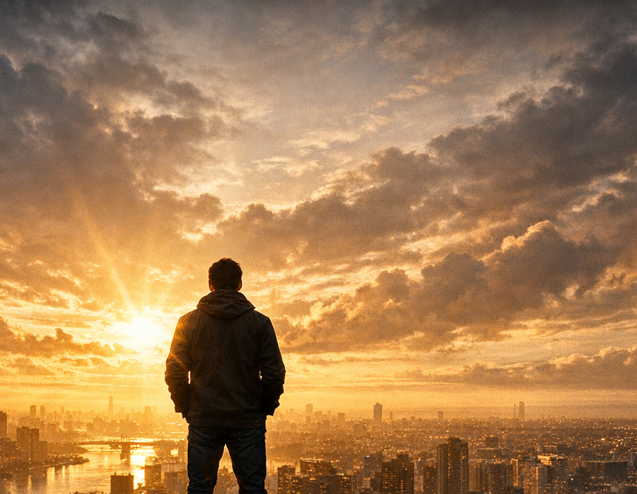 Person standing on a rooftop overlooking a cityscape at sunset.